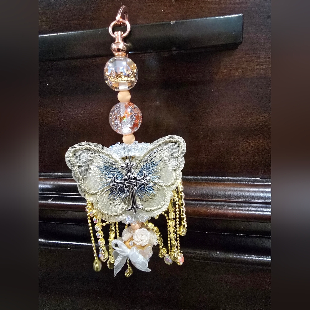 Embellished Butterfly Tassel Ornament with Cross Accent - Gold & Silver
